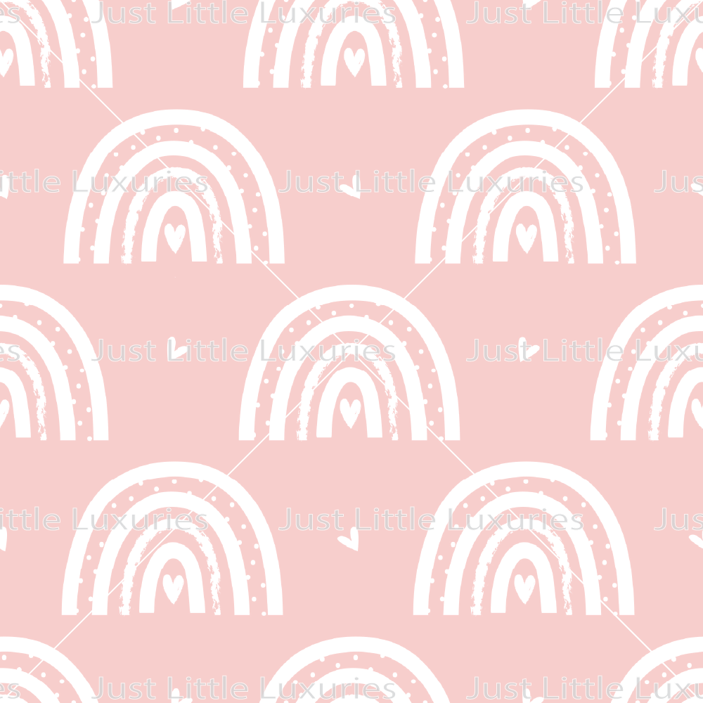 Clean white rainbows on a soft pink background digital edible image