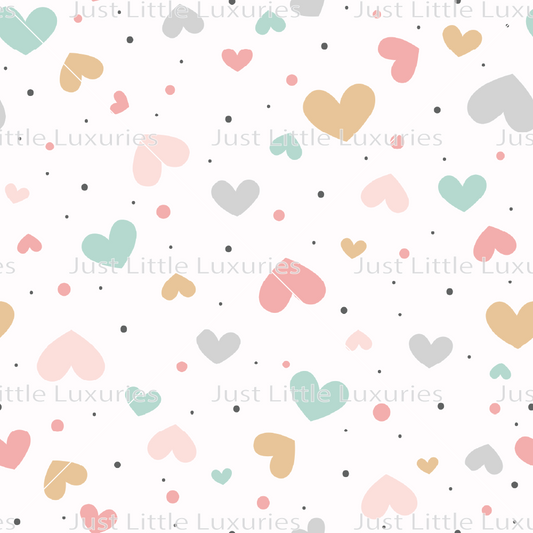 Mixed pastel hearts and dots scattered on a white background digital edible image
