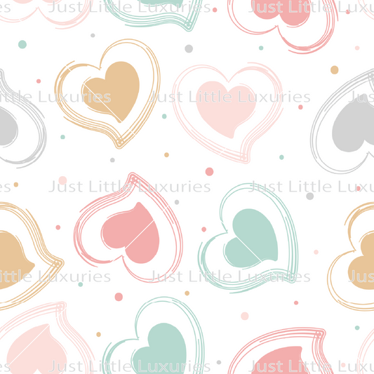 Scribble-style hearts with outlines and pastel fills on white background digital edible image